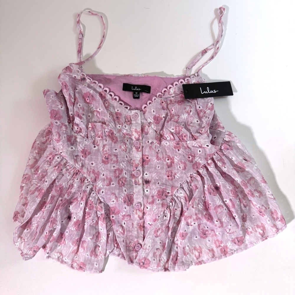 Lulus Enchanting Sweetie Lilac Floral Eyelet Button Up Cami Top Size Medium - Picture 3 of 7
